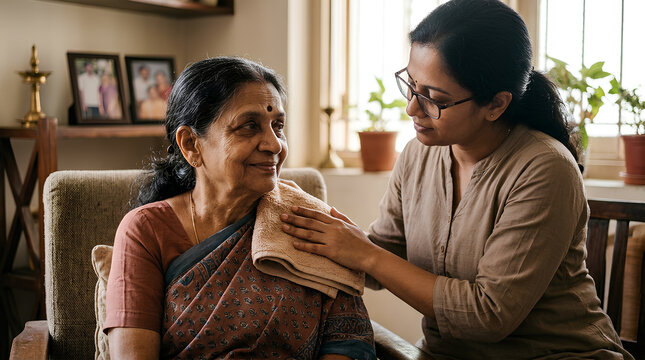 Caring daughter comforting elderly mother during heartfelt moment at home in a warm, inviting living room setting emphasizing