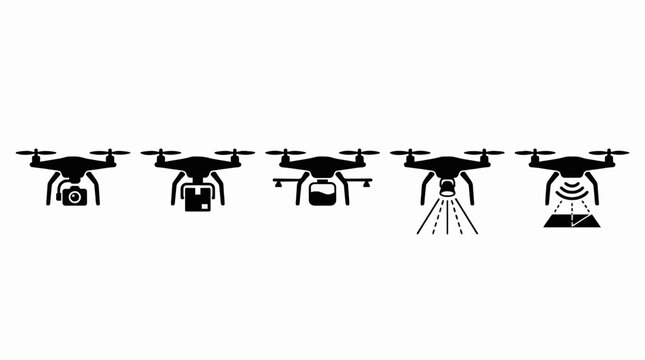 Drone icons set, flat black vector illustrations of unmanned aerial vehicles with various payloads