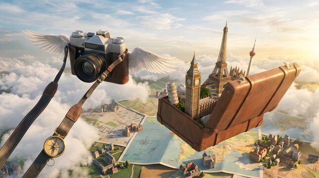 Surreal flying camera with wings next to an open suitcase filled with European landmarks, floating above a world map in the clouds