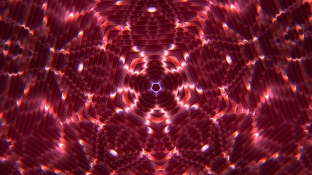 Abstract red kaleidoscope water caustics background, symmetrical glowing cherry light ripples in dark crimson tones, seamless loop