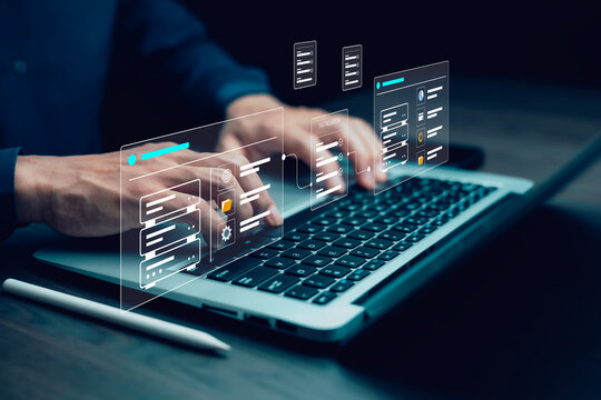 Software installation and server configuration concept with connected management panels, progress indicators and completion checklists above a professional's keyboard.