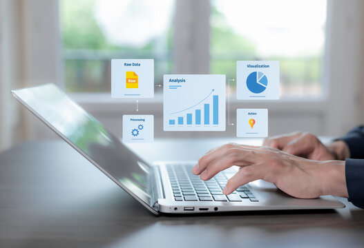 Business intelligence workflow turning raw data into actionable insights through processing, analysis and visualization, with growth charts above a professional's workspace.