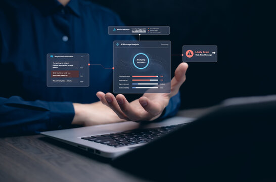AI scam detection concept analyzing a suspicious delivery message for phishing links, urgency tactics and sender credibility, with a high risk warning on a digital interface.