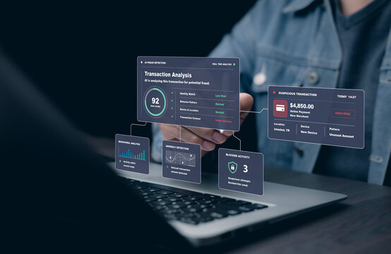AI fraud detection dashboard analyzing a suspicious online payment with risk scoring, behavioral analysis, device and location checks, anomaly detection and blocked activity.