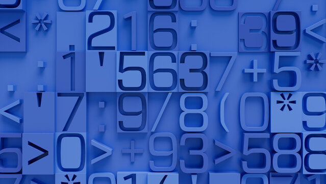 Close-Up of Textured Mosaic Surface with Randomly Arranged Blue Numbers, and Symbols for Graphic Design and Digital Art Backgrounds