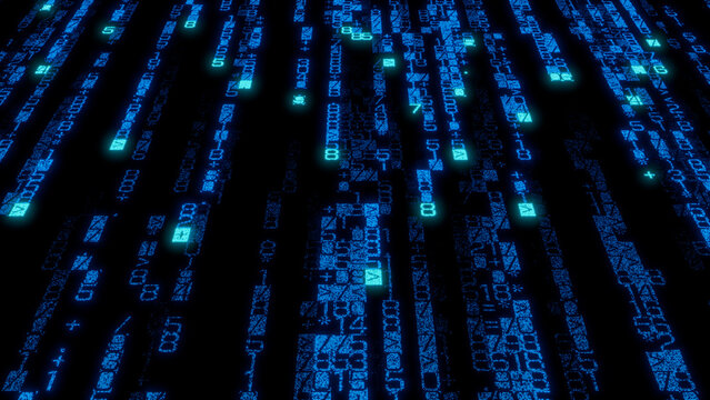 Dynamic Floating Blue and Green Binary Code Array on Black Background - High-Resolution Abstract Digital Art for Technology, Data Visualization, and Cybersecurity Applications