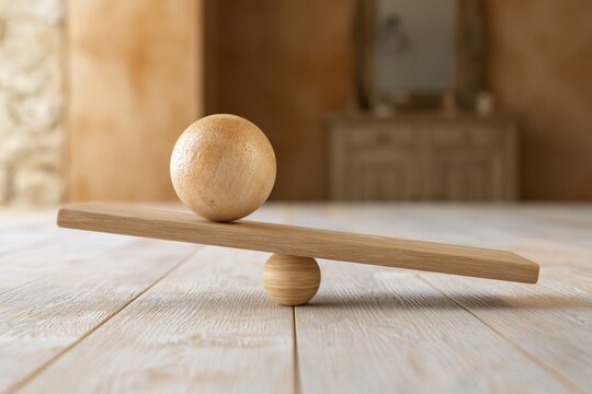 Wooden balance ball plank scale neutral equilibrium on light wood table with minimal interior background, simple concept for stability, harmony, decision, and fairness