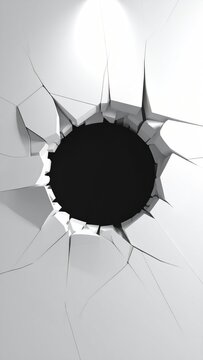 A stark black void created by shattered white material with radiating cracks