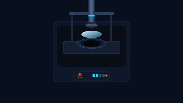 Animated vector user interface showing a smart sensor mechanism lowering a disc sample into a telemetry testing slot with glowing cyan neon lights
