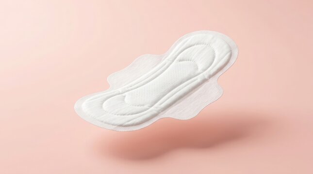 A detailed close up view showcases a clean white sanitary pad resting delicately on a soft peach colored background emphasizing feminine hygiene