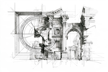 Naklejka premium Architectural drawing layering classical structures, arches, and columns with technical drawing lines and a circular design element, depicting planning