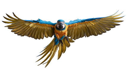 Blue and yellow macaw parrot flying with wings spread wide © Isadora