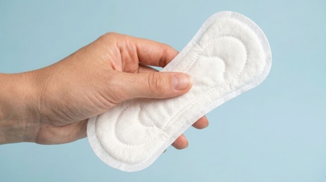 A detailed examination of a sanitary pad held in a hand illustrating feminine hygiene products and their role in menstrual health management