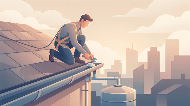 Person installing a rooftop rainwater sensor, smart home concept, isometric vector illustration