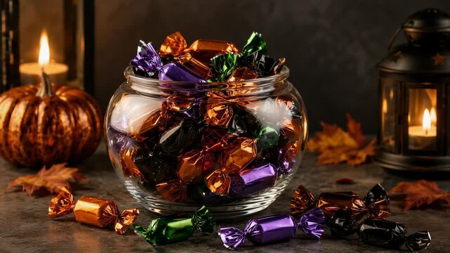 Halloween candy in a glass jar beside a pumpkin and candle. Colorful wrapped sweets for seasonal treats. Autumn holiday still life. Trick-or-treat candy and festive decor.