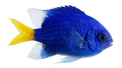 Vibrant blue damselfish with yellow tail fin and translucent fins © Isadora