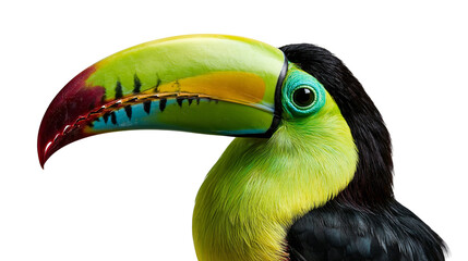 Keel-billed toucan head portrait with vibrant multicolored beak and green feathers © Isadora