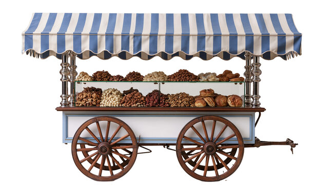 Vintage wooden nut cart with blue and white striped awning and glass display case