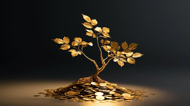 Gold coin tree golden leaf money wealth finance growth investment prosperity abundance black background with coin pile and metallic branch symbolizing financial success