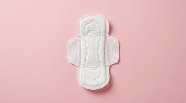 A detailed overhead view of a white sanitary pad against a soft pink background illustrating feminine hygiene products for menstrual cycles and