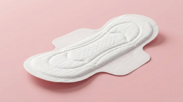A detailed overhead shot of a white sanitary pad against a soft pink background representing feminine hygiene and monthly cycles