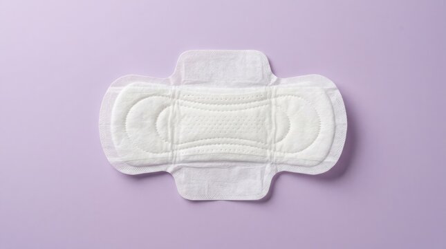 A detailed overhead view of a white sanitary pad designed for menstrual hygiene and comfort placed on a pale lavender surface