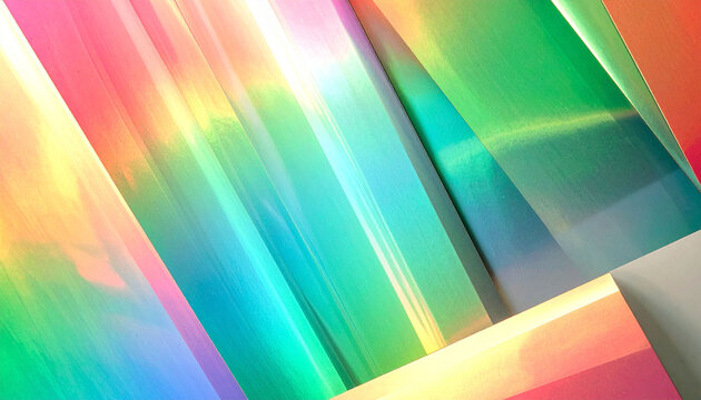 虹色に輝くホログラムの質感を幾何学的な面で構成した抽象的な光の背景素材　鮮やかなグラデーションが重なり合う近未来的なデザインで文字入れ用のコピースペースを確保したスタイリッシュな画像　ウェブサイトのバナー広告やプレゼン資料の表紙、動画のサムネイル、SNSの投稿背景、デジタルアートの装飾素材