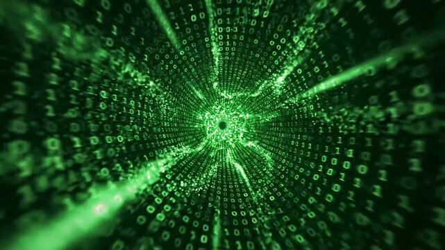 Abstract digital tunnel formed by floating glowing code particles and data streams in cyberspace