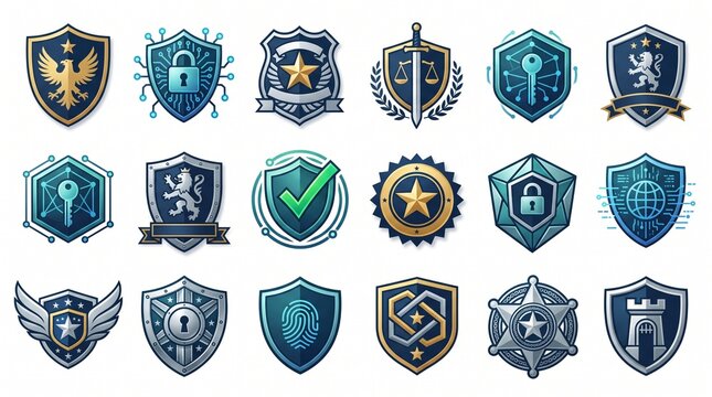Professional shield and security badge icon collection featuring heraldic emblems, protection symbols, defense marks, geometric crests, and cybersecurity vector illustrations.