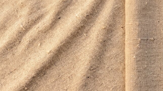 Natural undyed linen fabric texture with slub weave and soft diagonal wrinkles, flax beige textile background