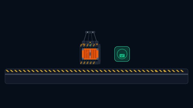 Flat vector crane loading cargo container with interactive button UI