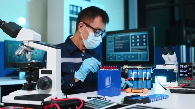 Professional engineer testing a lithium battery pack in a modern lab. Concept of renewable energy storage EV technology