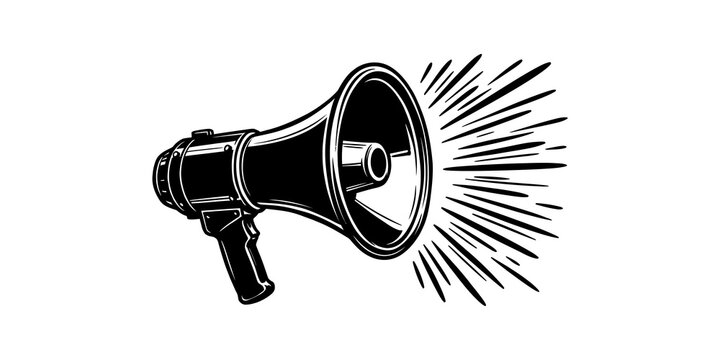 Black vintage megaphone with sound wave lines for marketing design.