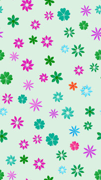 Seamless pattern of colorful stylized flowers and clovers