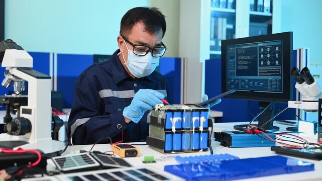 Professional engineer testing a lithium battery pack in a modern lab. Concept of renewable energy storage EV technology