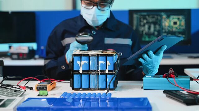 Professional technician in uniform wiring a custom lithium battery pack in a modern lab. Renewable energy storage