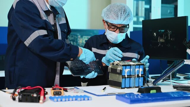 Skilled engineers in cleanroom gear collaborate using a tablet to test a custom lithium-ion battery pack. Professional green energy manufacturing