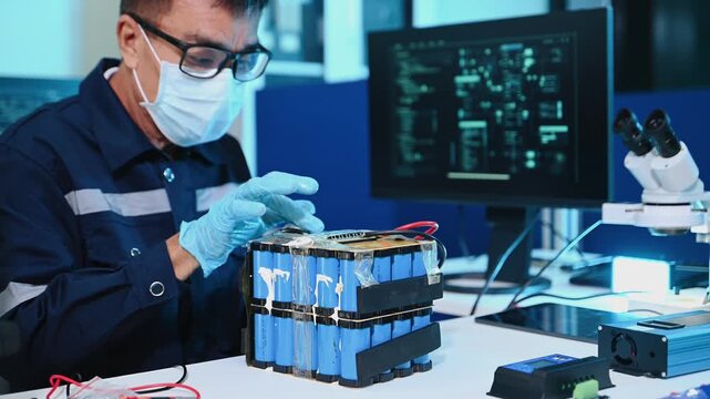 Professional engineer testing a lithium battery pack in a modern lab. Concept of renewable energy storage EV technology