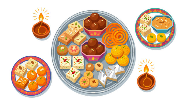 Traditional Indian sweets and mithai platter illustration for Diwali celebration, including gulab jamun, jalebi, laddu, and barfi with glowing oil lamps in a flat design style.