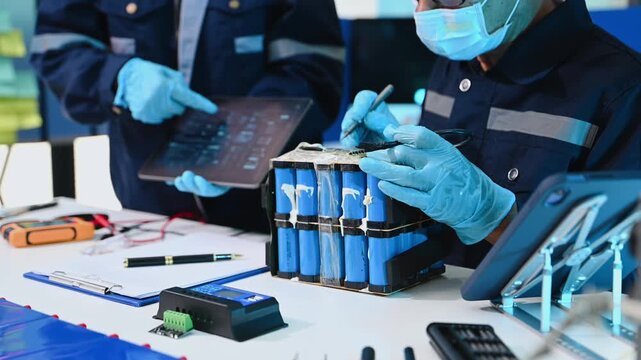 Skilled technicians in protective gear assemble and test lithium-ion battery packs using a multimeter. Professional green energy manufacturing