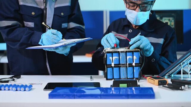 Skilled technicians in protective gear assemble and test lithium-ion battery packs using a multimeter. Professional green energy manufacturing