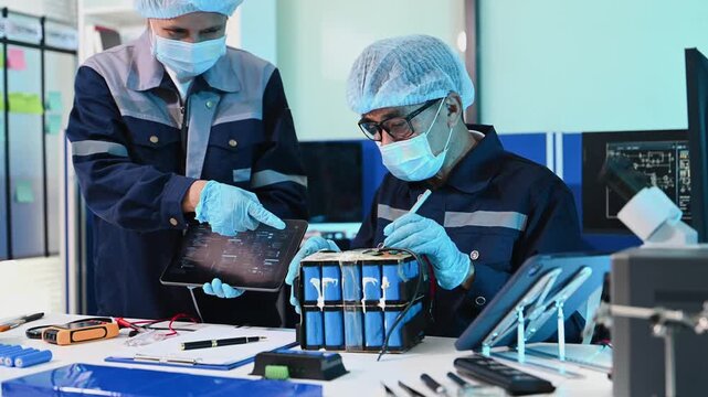 Skilled engineers in cleanroom gear collaborate using a tablet to test a custom lithium-ion battery pack. Professional green energy manufacturing