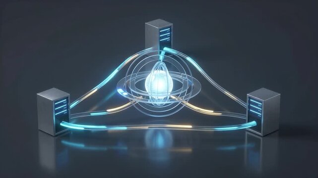 Three server towers connected by glowing data conduits to a central glowing core, symbolizing multi-cloud data interoperability, hybrid cloud infrastructure, B2B SaaS, and seamless database sync.
