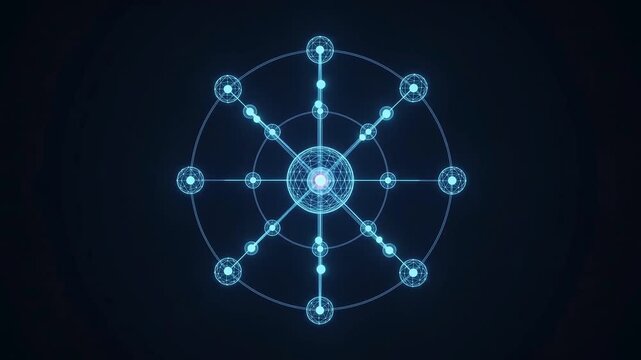 A glowing magenta core encircled by cyan orbital qubit nodes, symbolizing quantum computing simulation, complex data processing, quantum entanglement, deep tech science, and advanced algorithms.
