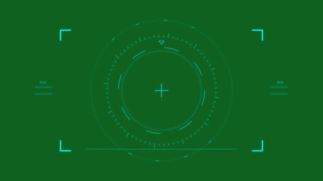 Futuristic Digital Heads-Up Display with Targeting Crosshair and Radar Elements on a Vivid Green Background, Ideal for Sci-Fi UI and Technology Animation Projects