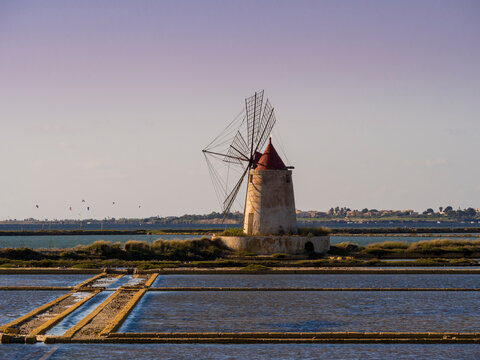 Italy, Sicily, Province of Trapani, Marsala, Laguna dello Stagnone, Saline Ettore Infersa, Wind mill