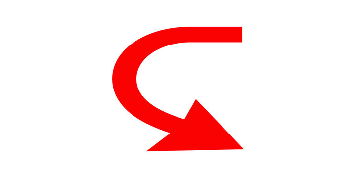 Red curved arrow pointing down left isolated on clear backdrop shape.