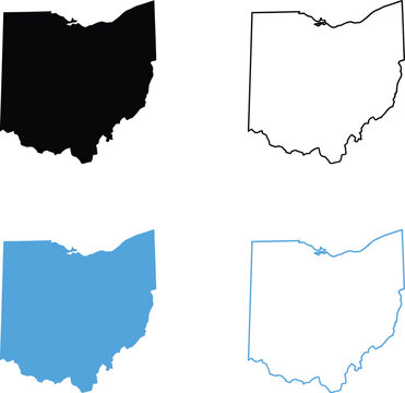 Set of four ohio state map designs in black outline and blue silhouette styles