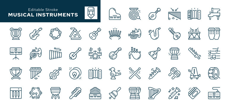 Musical instruments. Set of outline icons. Music, piano, guitar, drum, harp, flute, violin and others. Line icon in linear style. Vector collection	