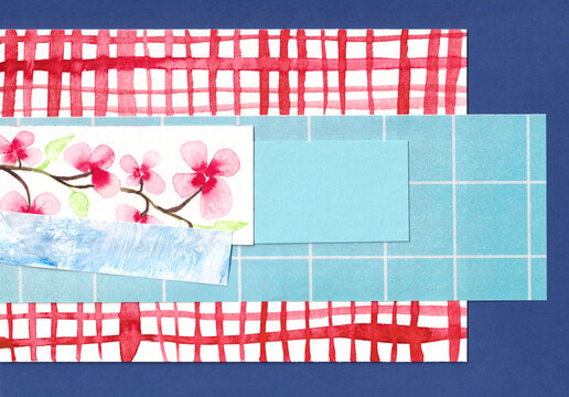 Watercolor paper collage with cherry blossoms and copy space